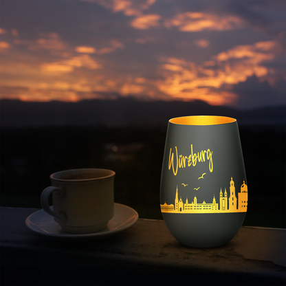 Hochwertiges Glas Windlicht mit Gravur "SKYLINE WÜRZBURG" in der Farbe Schwarz/Gold