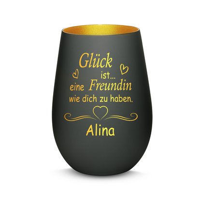 Hochwertiges Glas Windlicht mit Gravur "GLÜCK IST EINE FREUNDIN WIE DICH ZU HABEN" mit Wunschname in der Farbe Schwarz/Gold