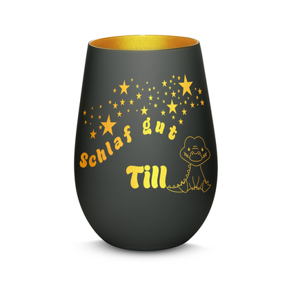 Hochwertiges Glas Windlicht für Kinder mit Gravur "SCHLAF GUT" Motiv Krokodil mit Wunschname in der Farbe Schwarz/Gold