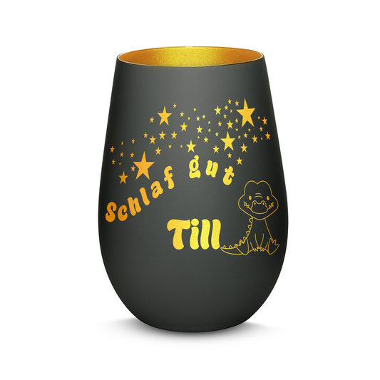 Hochwertiges Glas Windlicht für Kinder mit Gravur "SCHLAF GUT" Motiv Krokodil mit Wunschname in der Farbe Schwarz/Gold