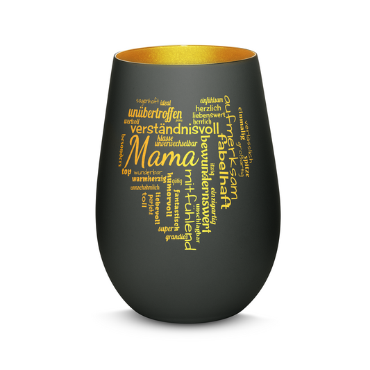 Hochwertiges Glas Windlicht mit Gravur "MAMA GROßES HERZ" in der Farbe Schwarz/Gold