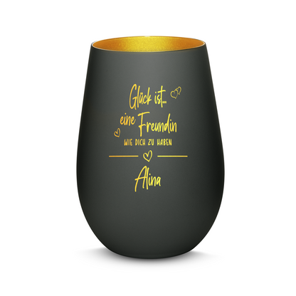 Hochwertiges Glas Windlicht mit Gravur "GLÜCK IST EINE FREUNDIN WIE DICH ZU HABEN" mit Wunschname in der Farbe Schwarz/Gold