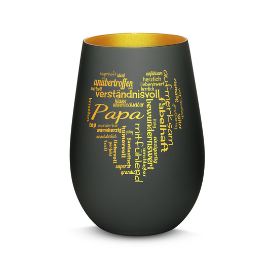 Hochwertiges Glas Windlicht mit Gravur "PAPA GROßES HERZ" in der Farbe Schwarz/Gold