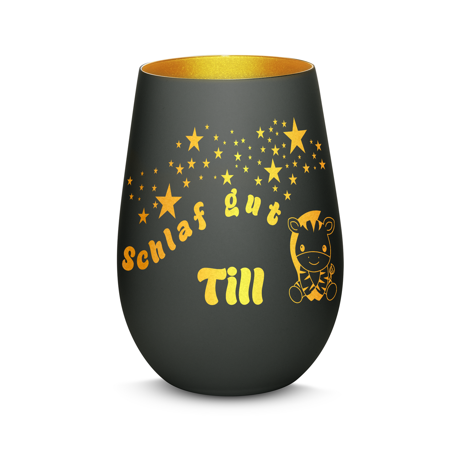 Hochwertiges Glas Windlicht für Kinder mit Gravur "SCHLAF GUT" Motiv Zebra mit Wunschname in der Farbe Schwarz/Gold