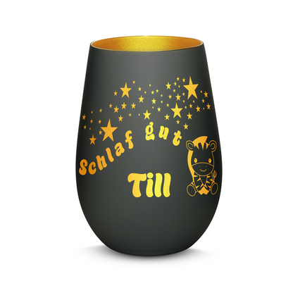 Hochwertiges Glas Windlicht für Kinder mit Gravur "SCHLAF GUT" Motiv Zebra mit Wunschname in der Farbe Schwarz/Gold