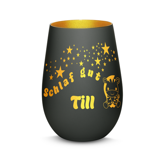Hochwertiges Glas Windlicht für Kinder mit Gravur "SCHLAF GUT" Motiv Zebra mit Wunschname in der Farbe Schwarz/Gold