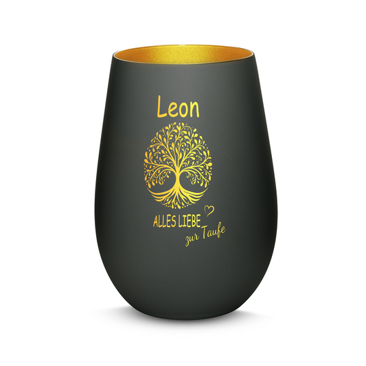 Hochwertiges Glas Windlicht mit Gravur "ALLES LIEBE ZUR TAUFE" mit Wunschname in der Farbe Schwarz/Gold