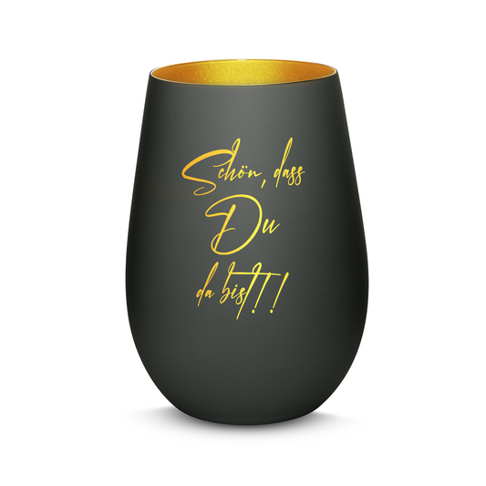 Hochwertiges Glas Windlicht mit Gravur "SCHÖN, DASS DU DA BIST" in der Farbe Schwarz/Gold