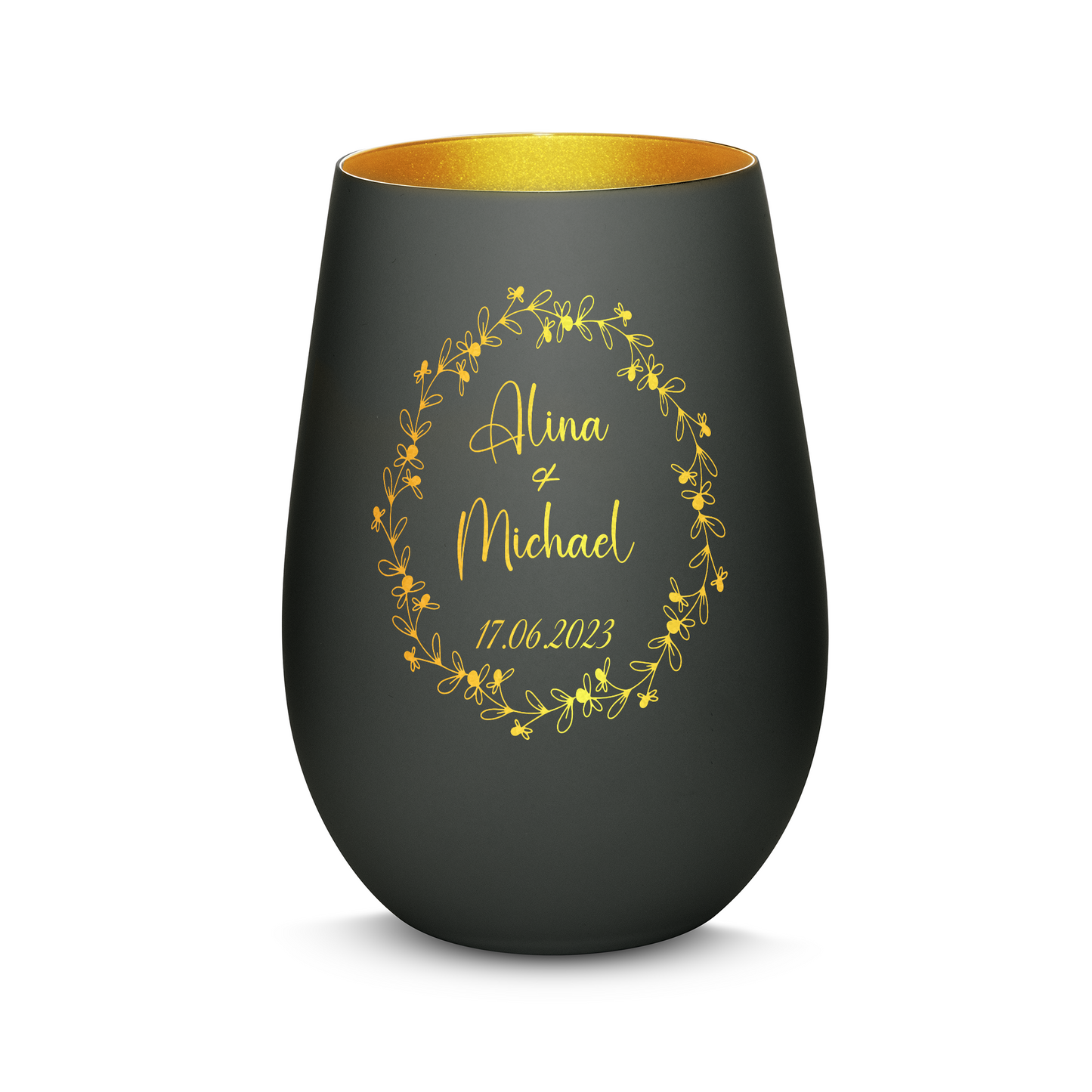 Hochwertiges Glas Windlicht mit Gravur "JAHRESTAG MIT BLUMENKRANZ" mit Wunschnamen und Datum in der Farbe Schwarz/Gold