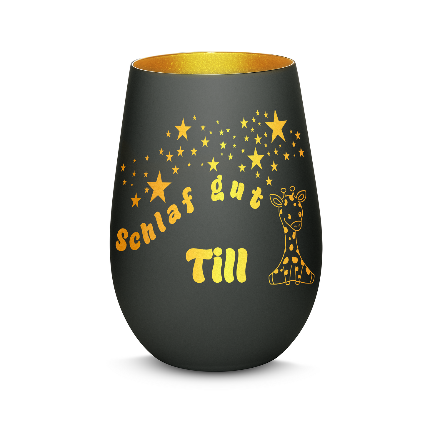 Hochwertiges Glas Windlicht für Kinder mit Gravur "SCHLAF GUT" Motiv Giraffe mit Wunschname in der Farbe Schwarz/Gold