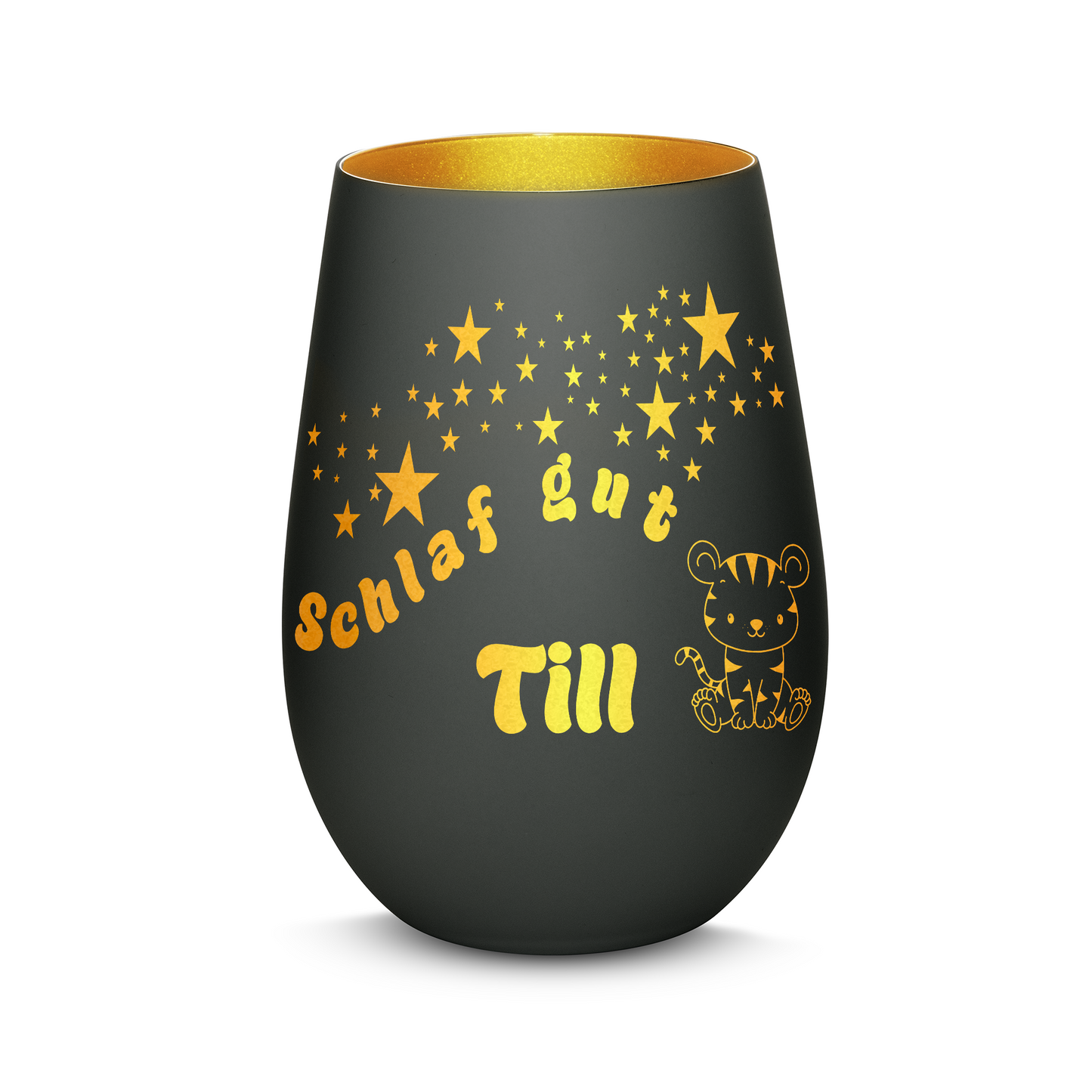 Hochwertiges Glas Windlicht für Kinder mit Gravur "SCHLAF GUT" Motiv Tiger mit Wunschname in der Farbe Schwarz/Gold