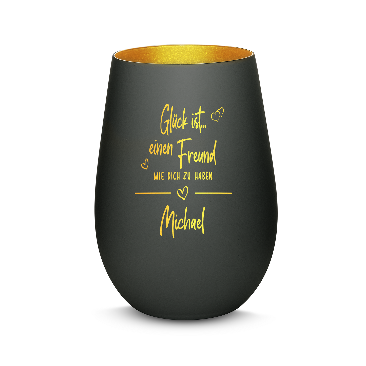 Hochwertiges Glas Windlicht mit Gravur "GLÜCK IST EINEN FREUND WIE DICH ZU HABEN" mit Wunschname in der Farbe Schwarz/Gold