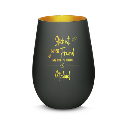 Hochwertiges Glas Windlicht mit Gravur "GLÜCK IST EINEN FREUND WIE DICH ZU HABEN" mit Wunschname in der Farbe Schwarz/Gold