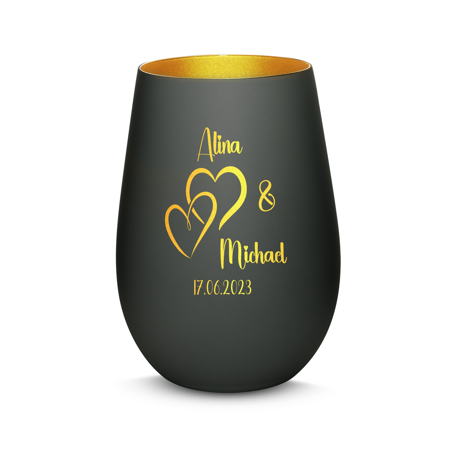 Hochwertiges Glas Windlicht mit Gravur "LIEBES WINDLICHT HERZ1" mit Wunschnamen und Datum in der Farbe Schwarz/Gold
