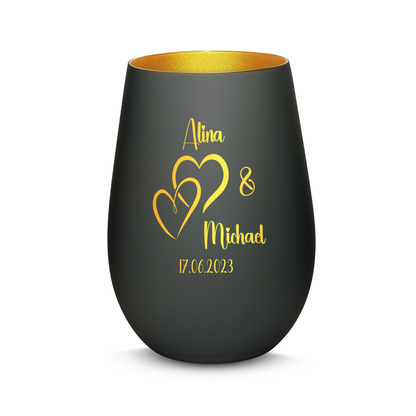 Hochwertiges Glas Windlicht mit Gravur "LIEBES WINDLICHT HERZ1" mit Wunschnamen und Datum in der Farbe Schwarz/Gold