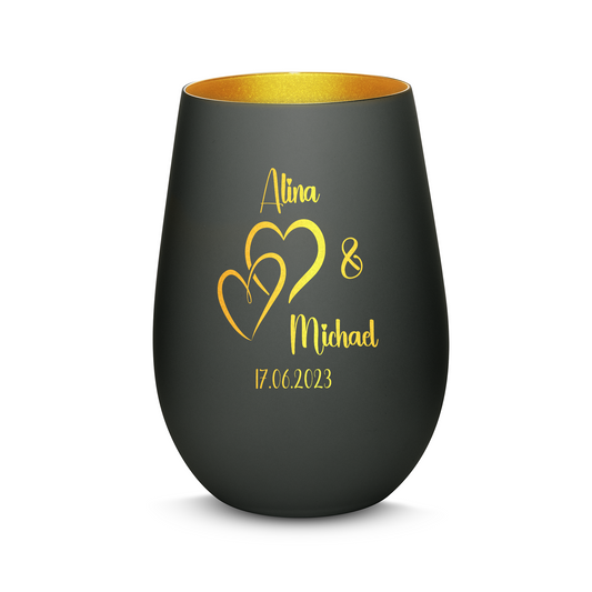 Hochwertiges Glas Windlicht mit Gravur "LIEBES WINDLICHT HERZ1" mit Wunschnamen und Datum in der Farbe Schwarz/Gold