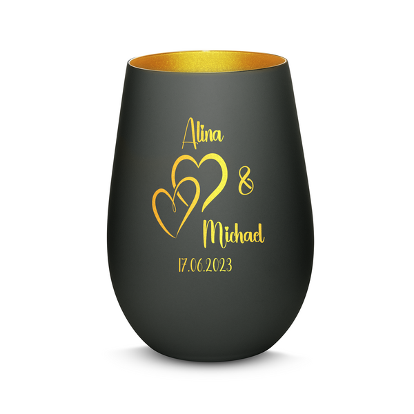 Hochwertiges Glas Windlicht mit Gravur "LIEBES WINDLICHT HERZ1" mit Wunschnamen und Datum in der Farbe Schwarz/Gold