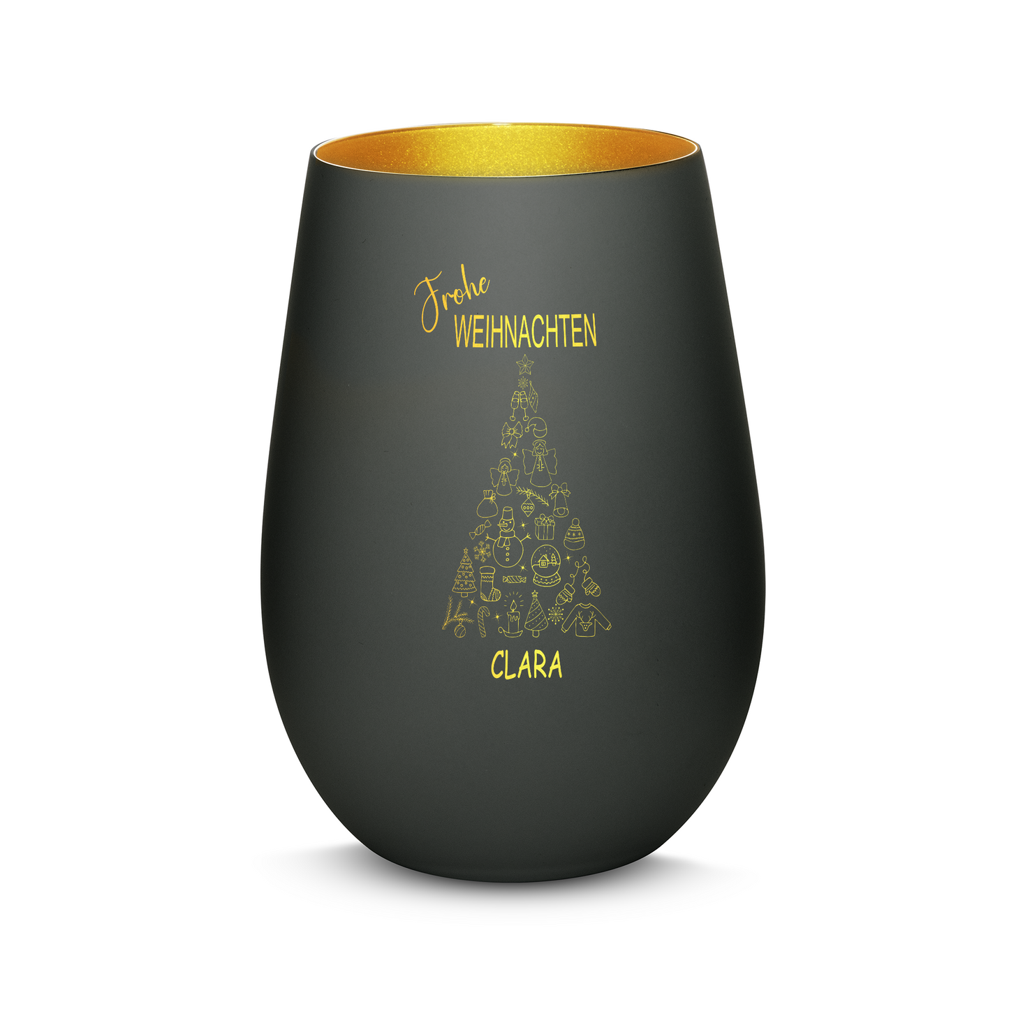 Hochwertiges Glas Windlicht mit Gravur "FROHE WEIHNACHTEN" mit Wunschname in der Farbe Schwarz/Gold