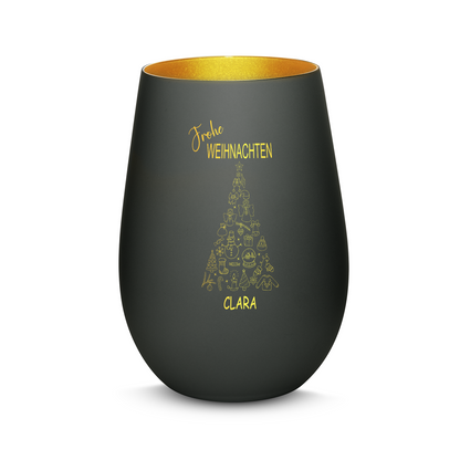 Hochwertiges Glas Windlicht mit Gravur "FROHE WEIHNACHTEN" mit Wunschname in der Farbe Schwarz/Gold
