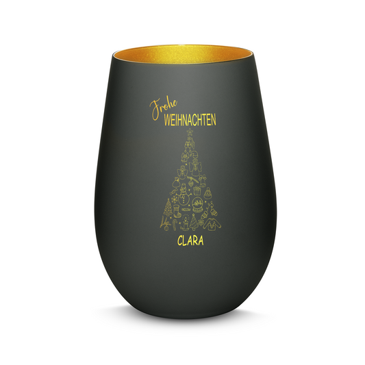Hochwertiges Glas Windlicht mit Gravur "FROHE WEIHNACHTEN" mit Wunschname in der Farbe Schwarz/Gold