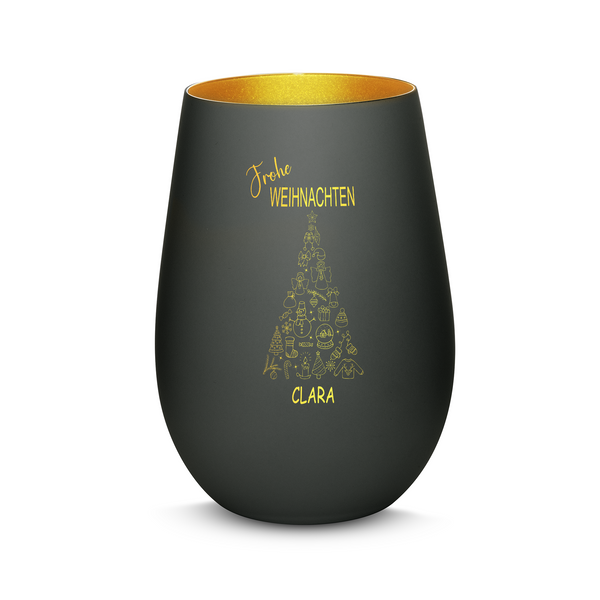 Hochwertiges Glas Windlicht mit Gravur "FROHE WEIHNACHTEN" mit Wunschname in der Farbe Schwarz/Gold