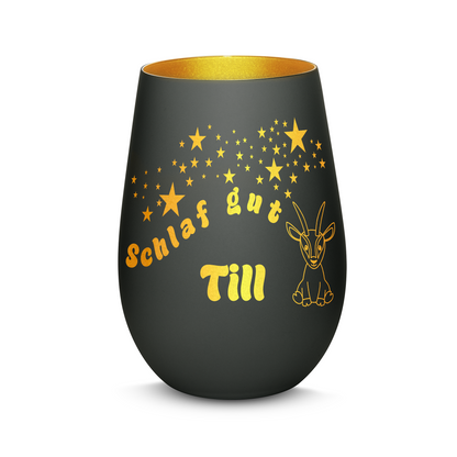 Hochwertiges Glas Windlicht für Kinder mit Gravur "SCHLAF GUT" Motiv Antilope mit Wunschname in der Farbe Schwarz/Gold