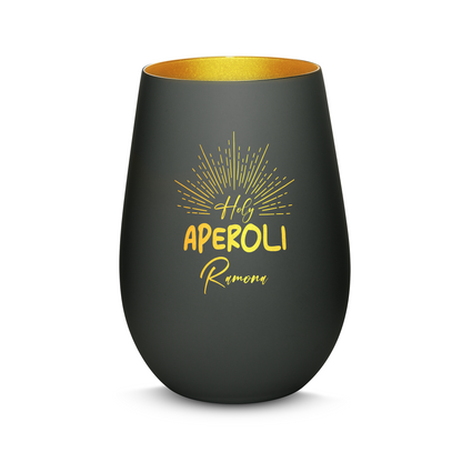 Hochwertiges Glas Windlicht mit Gravur "HOLY APEROLI" mit Wunschname in der Farbe Schwarz/Gold