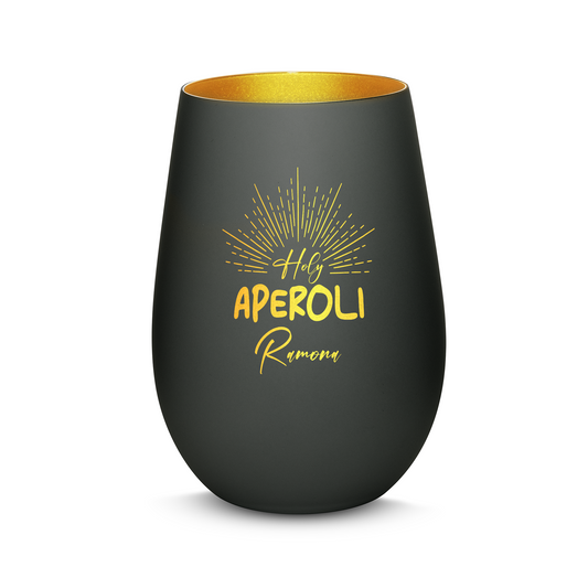 Hochwertiges Glas Windlicht mit Gravur "HOLY APEROLI" mit Wunschname in der Farbe Schwarz/Gold