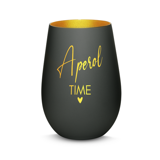 Hochwertiges Glas Windlicht mit Gravur "APEROL TIME" in der Farbe Schwarz/Gold