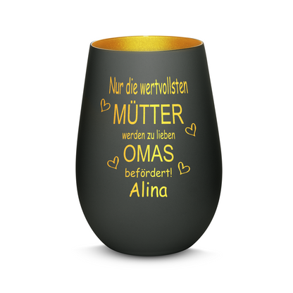Hochwertiges Glas Windlicht mit Gravur "NUR DIE WERTVOLLSTEN MÜTTER WERDEN ZU LIEBEN OMAS" mit Wunschname in der Farbe Schwarz/Gold