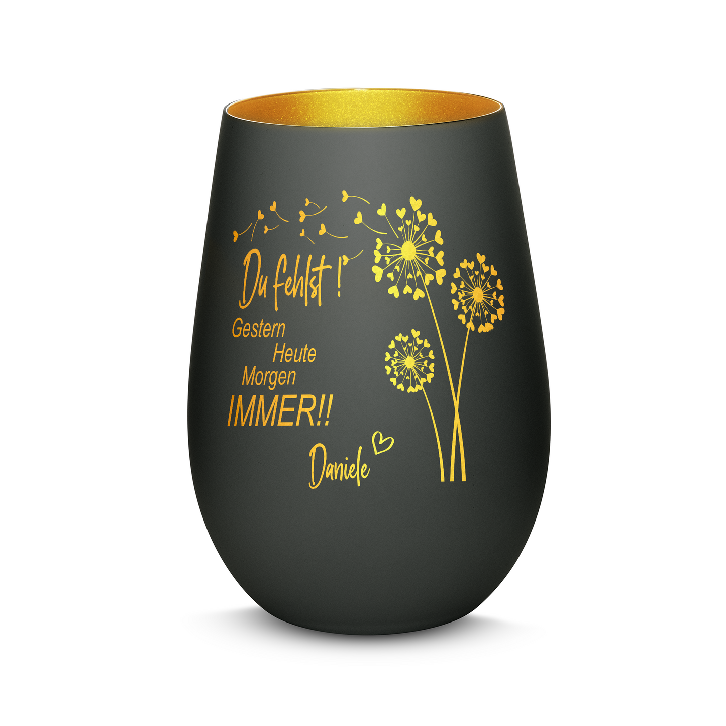 Hochwertiges Glas Windlicht mit Gravur als Trauerlicht "DU FEHLST! GESTERN HEUTE MORGEN IMMER" mit Wunschname in der Farbe Schwarz/Gold