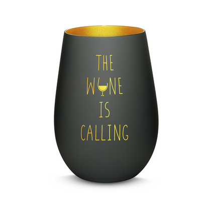 Hochwertiges Glas Windlicht mit Gravur "THE WINE IS CALLING" in der Farbe Schwarz/Gold