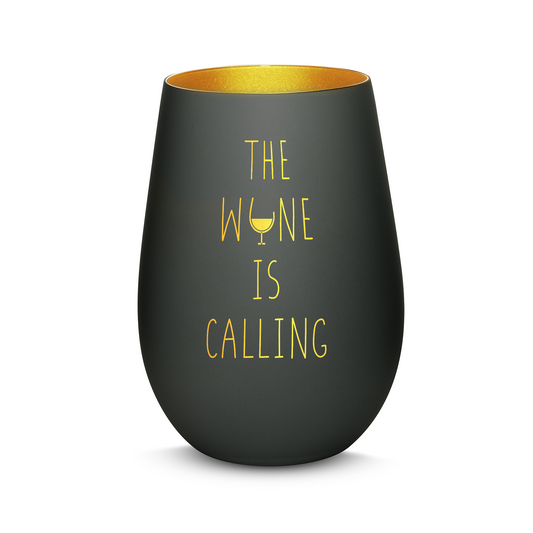 Hochwertiges Glas Windlicht mit Gravur "THE WINE IS CALLING" in der Farbe Schwarz/Gold
