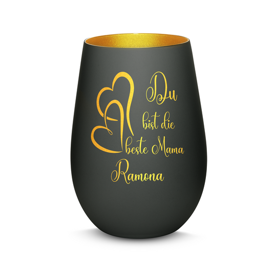 Hochwertiges Glas Windlicht mit Gravur "DU BIST DIE BESTE MAMA" mit Wunschname in der Farbe Schwarz/Gold