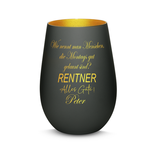 Hochwertiges Glas Windlicht mit Gravur "MONTAGS GUTE LAUNE! RENTNER" mit Wunschname in der Farbe Schwarz/Gold