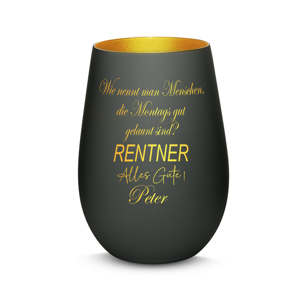Hochwertiges Glas Windlicht mit Gravur "MONTAGS GUTE LAUNE! RENTNER" mit Wunschname in der Farbe Schwarz/Gold