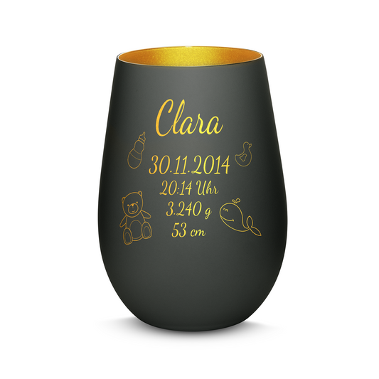 Hochwertiges Glas Windlicht mit Gravur "ZUR GEBURT" mit Wunschname und Datum in der Farbe Schwarz/Gold