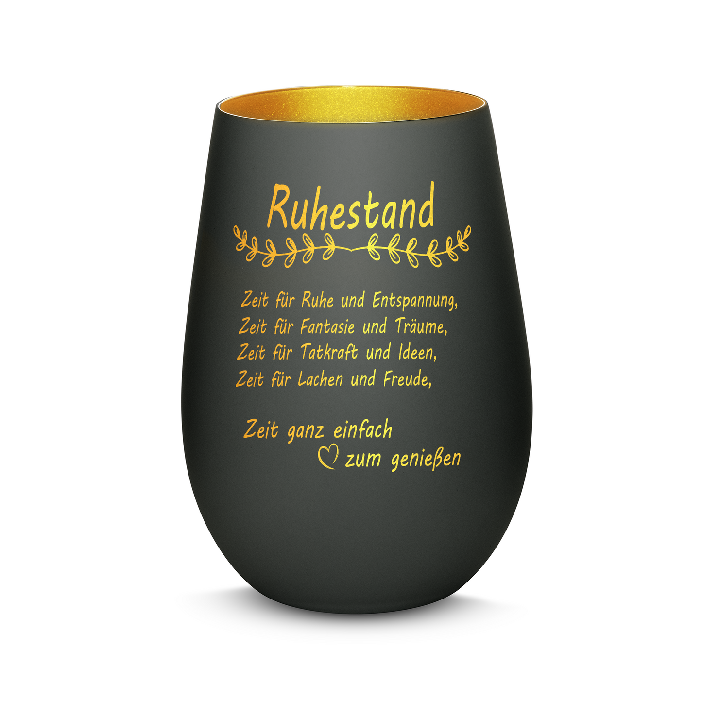 Hochwertiges Glas Windlicht mit Gravur "ALLES GUTE ZUM RUHESTAND" in der Farbe Schwarz/Gold