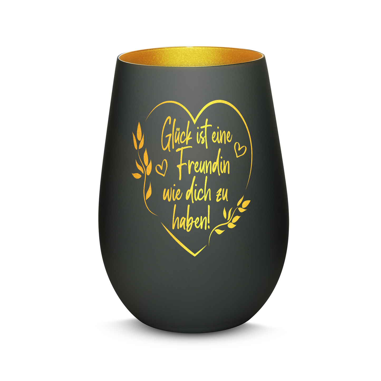 Hochwertiges Glas Windlicht mit Gravur "GLÜCK IST EINE FREUNDIN MIT HERZ" in der Farbe Schwarz/Gold
