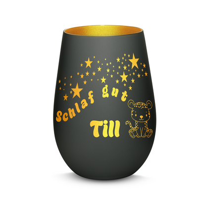 Hochwertiges Glas Windlicht für Kinder mit Gravur "SCHLAF GUT" Motiv Leopard mit Wunschname in der Farbe Schwarz/Gold