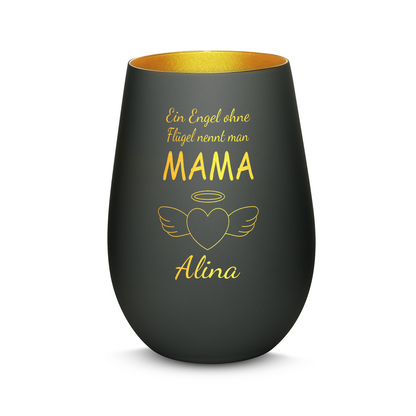 Hochwertiges Glas Windlicht mit Gravur "EIN ENGEL OHNE FLÜGEL NENNT MAN MAMA" mit Wunschname in der Farbe Schwarz/Gold