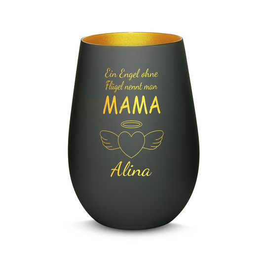 Hochwertiges Glas Windlicht mit Gravur "EIN ENGEL OHNE FLÜGEL NENNT MAN MAMA" mit Wunschname in der Farbe Schwarz/Gold