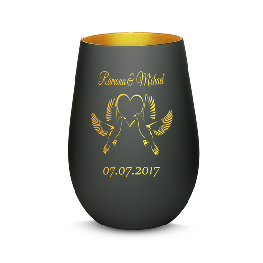 Hochwertiges Glas Windlicht mit Gravur "LIEBESGLAS TAUBEN" mit Wunschnamen und Datum in der Farbe Schwarz/Gold
