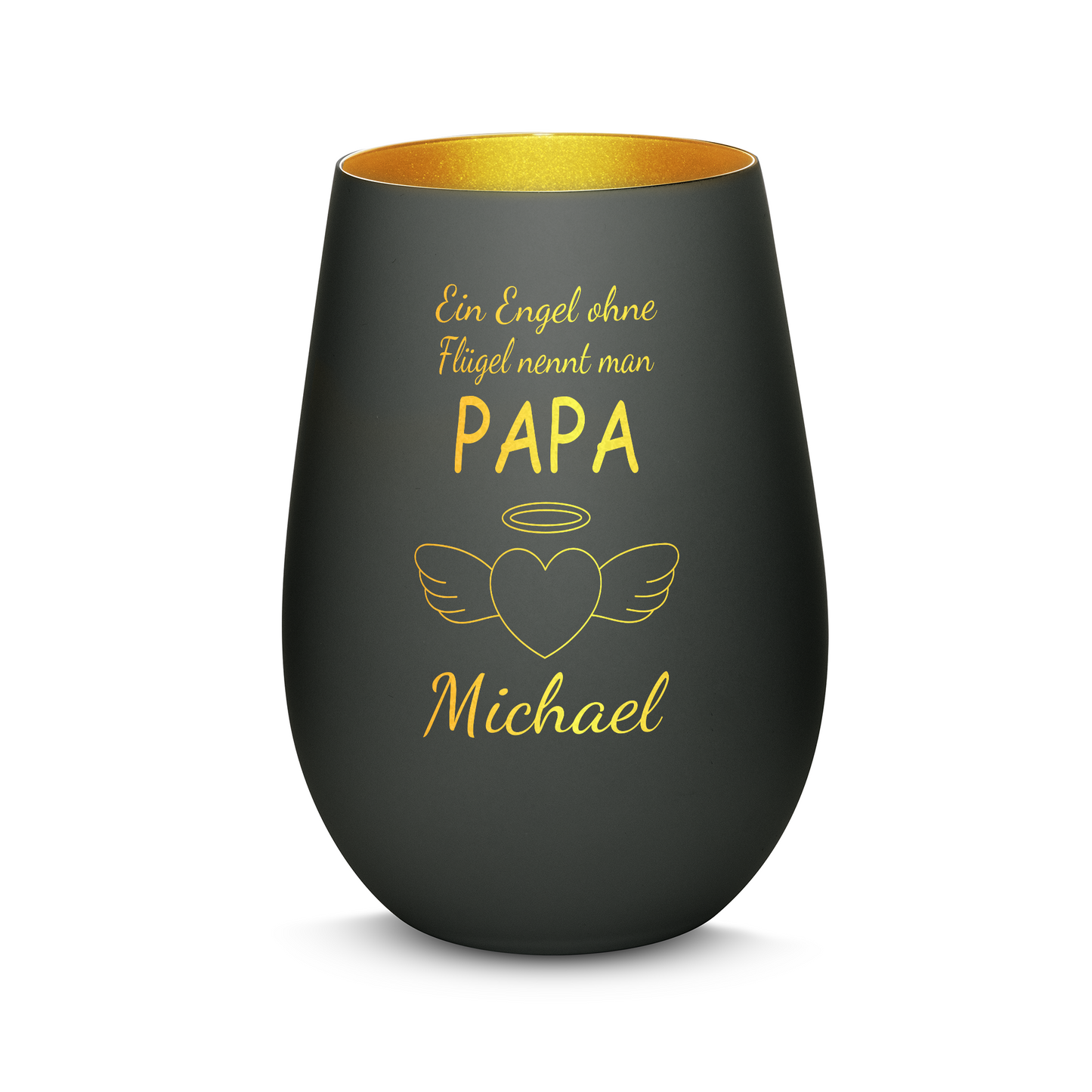 Hochwertiges Glas Windlicht mit Gravur "EIN ENGEL OHNE FLÜGEL NENNT MAN PAPA" mit Wunschname in der Farbe Schwarz/Gold
