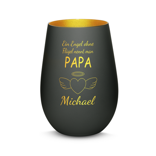 Hochwertiges Glas Windlicht mit Gravur "EIN ENGEL OHNE FLÜGEL NENNT MAN PAPA" mit Wunschname in der Farbe Schwarz/Gold