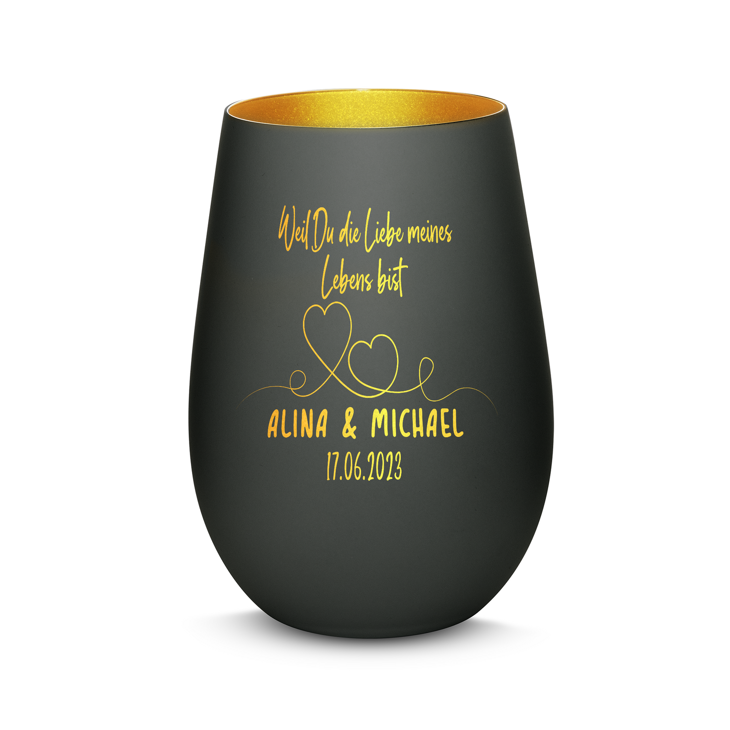 Hochwertiges Glas Windlicht mit Gravur "WEIL DU DIE LIEBE MEINES LEBENS BIST" mit Wunschnamen und Datum in der Farbe Schwarz/Gold