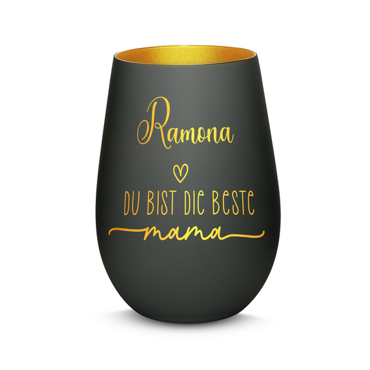 Hochwertiges Glas Windlicht mit Gravur "DIE BESTE MAMA" mit Wunschname in der Farbe Schwarz/Gold