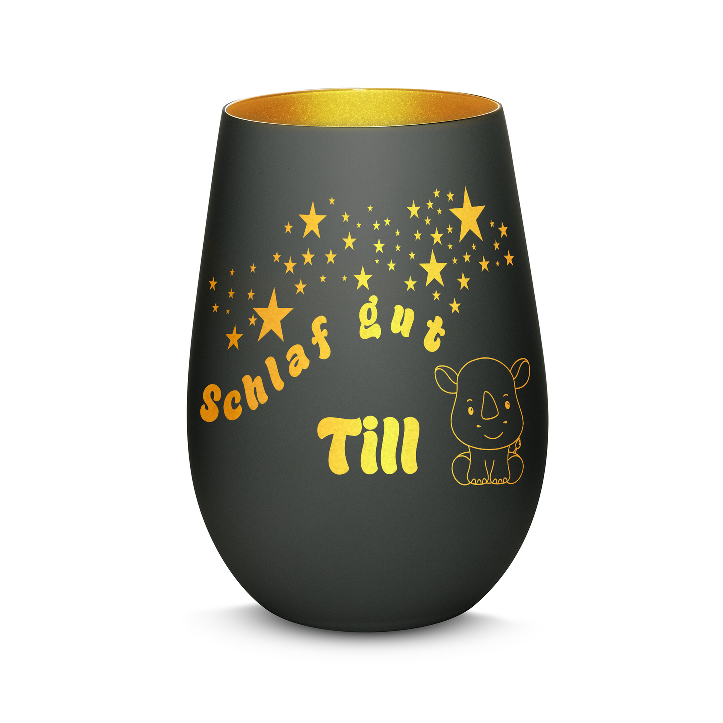 Hochwertiges Glas Windlicht für Kinder mit Gravur "SCHLAF GUT" Motiv Nashorn mit Wunschname in der Farbe Schwarz/Gold