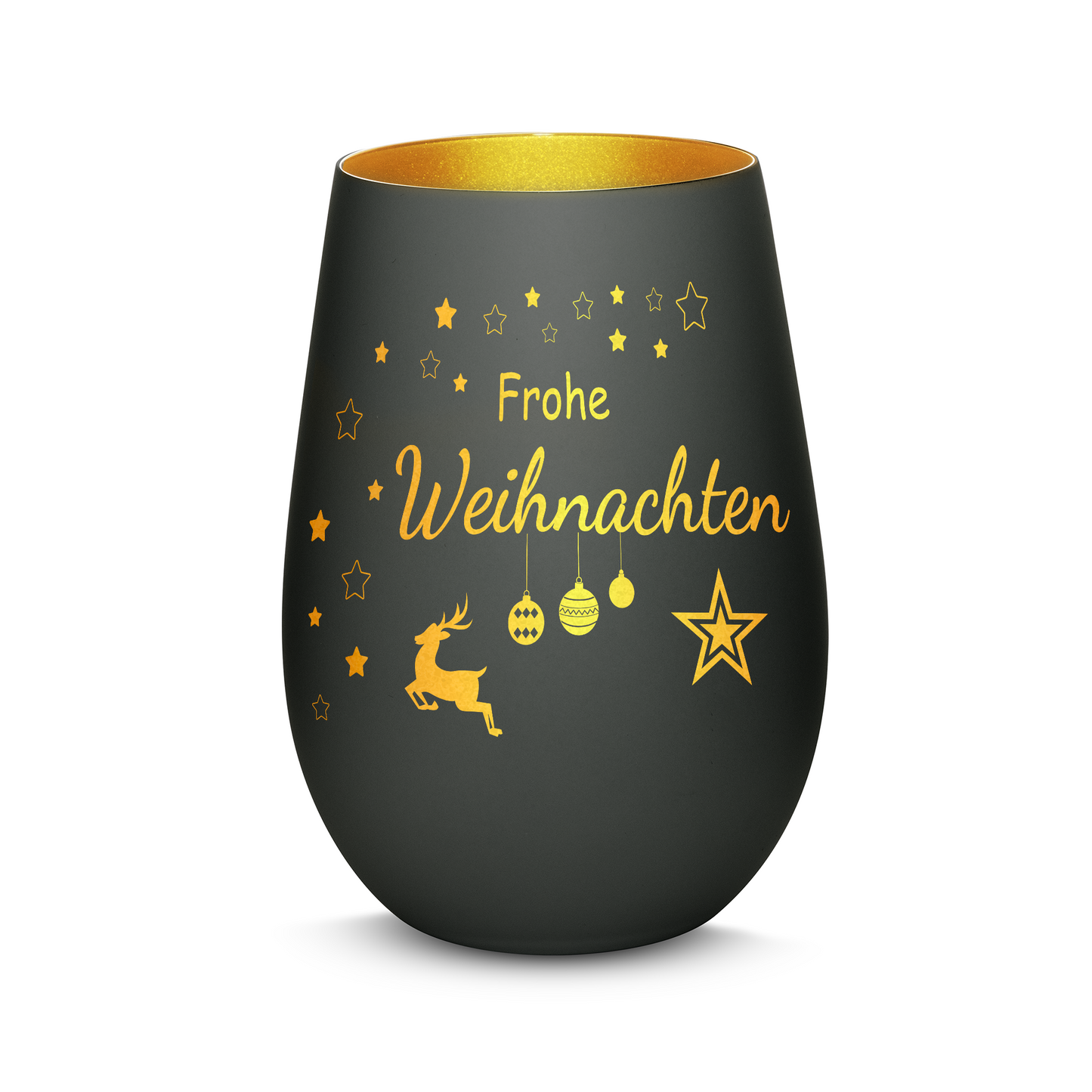 Hochwertiges Glas Windlicht mit Gravur "FROHE WEIHNACHTEN" in der Farbe Schwarz/Gold