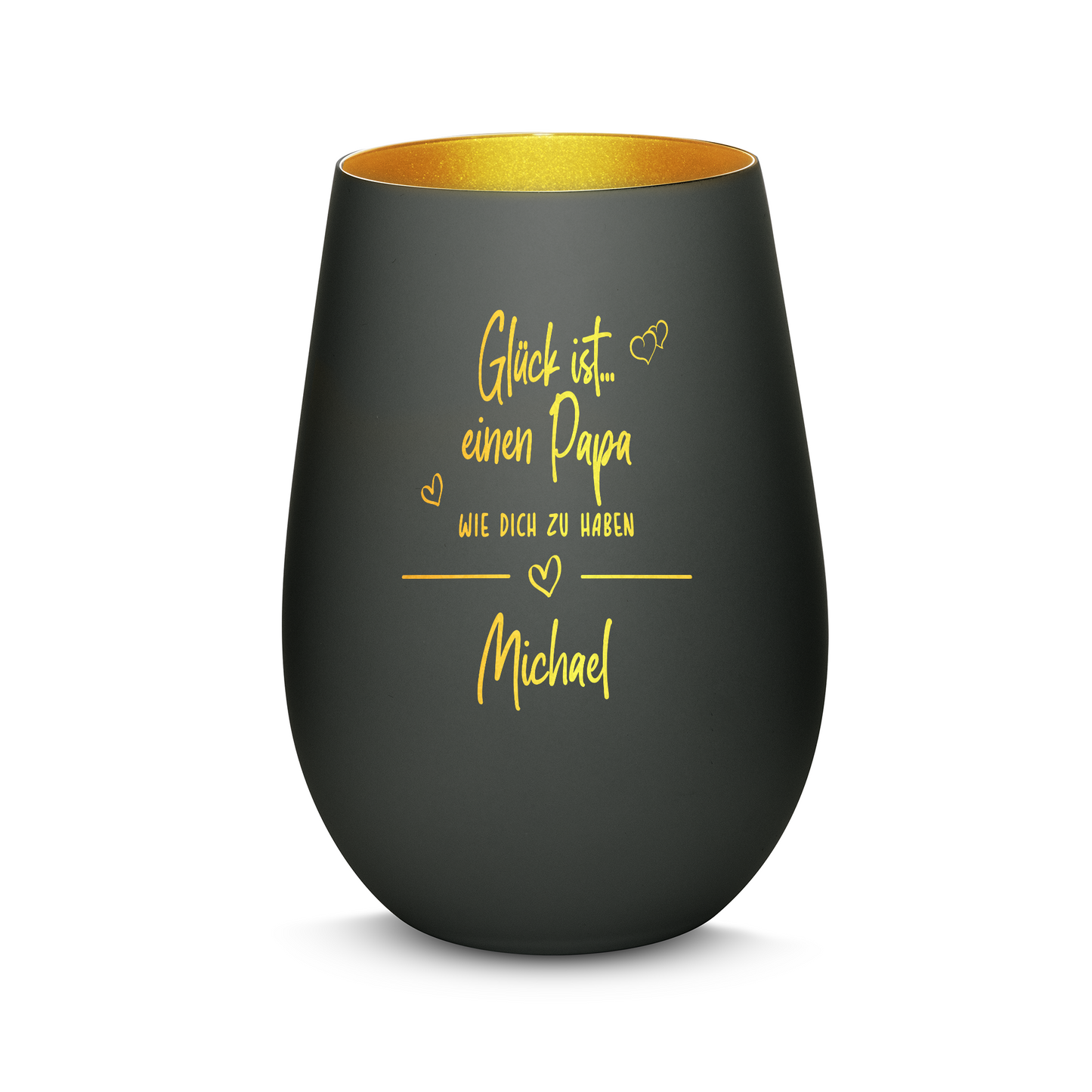 Hochwertiges Glas Windlicht mit Gravur "GLÜCK IST EINEN PAPA WIE DICH ZU HABEN" mit Wunschname in der Farbe Schwarz/Gold